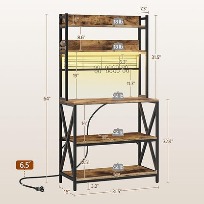 Yaheetech Kitchen Bakers Rack with Power Outlet & LED Lights, 5 Tiers Coffee Bar Table with 8 S Hooks, 64 Inches Tall Microwave Oven Stand with Storage for Spices, Pots, Rustic Brown