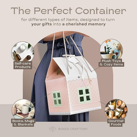 Pack of 5 House Shaped Gift Boxes (7.87 x 7.87 x 7.08 inch) - Mansion Ideal for Presents and for Treats - Fairy Light Pink
