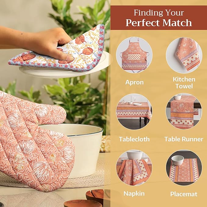 Maison d' Hermine 100% Cotton Oven Mitt & Pot Holder Set (7.5"x13" & 8"x8") Heat Resistant BBQ Cooking Gloves with Loop, Baking, Grilling, Kitchen, Handling Hot Pans (Harvest Festival)