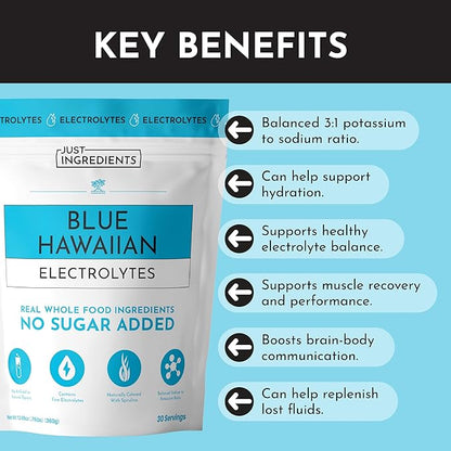 Blue Hawaiian Electrolytes Drink Mix | 30 Servings | Organic Coconut Water, Blue Spirulina & 5 Key Electrolytes | Supports Hydration, Electrolyte Balance & Muscle Recovery* | No Sugar Added