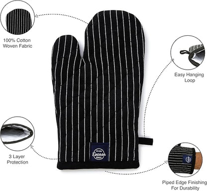 Encasa Homes Long 12" Oven Microwave Hand Gloves Mitts (2 pc Set) for Kitchen Cooking & Baking - Heat Resistant, Thick & Safe, Protection of Hands from Hot Utensils - Butcher Stripes Black