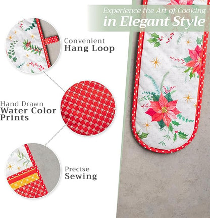 Maison d' Hermine Double Oven Mitts 100% Cotton 7"x35" Double Oven Mitt Heat Resistant BBQ Cooking Gloves with Loop, Baking, Grilling, Home, Kitchen, Handling Hot Pans (Poinsettia Christmas)