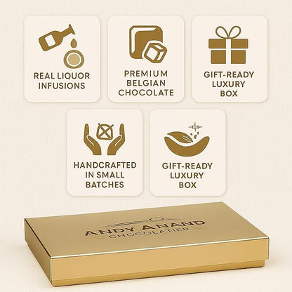 Andy Anand Chocolatier Champagne, Rum, Irish Cream & Kahlua Belgian Chocolate Truffles Gift Box - Handmade liqueur filled Delicious Gourmet Chocolates, Assortment for Connoisseurs (16 Pcs)