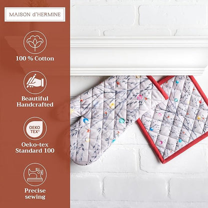 Maison d' Hermine 100% Cotton Oven Mitt & Pot Holder Set (7.5"x13" & 8"x8") Heat Resistant BBQ Cooking Gloves with Loop, Baking, Grilling, Kitchen, Handling Hot Pans (Fairy Christmas)