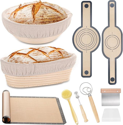 Banneton Bread Proofing Basket Set, 10 In Oval and 9 in Round Proofing Basket, Sourdough Bread Baking Supplies, Silicone Baking Mat, Danish Dough Whisk, Perfect Baker's Gift Set