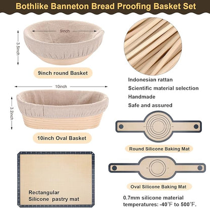 Banneton Bread Proofing Basket Set, 10 In Oval and 9 in Round Proofing Basket, Sourdough Bread Baking Supplies, Silicone Baking Mat, Danish Dough Whisk, Perfect Baker's Gift Set