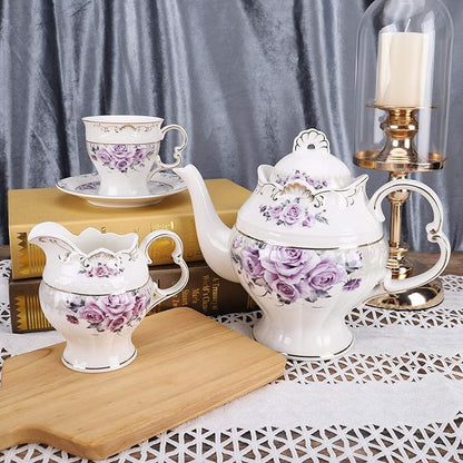 fanquare 15 Piece Porcelain Tea Set for Adults, Wedding Tea Service, Large British Teapot with Cups, Purple Rose