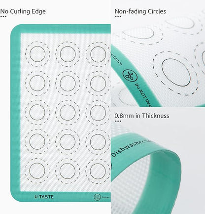 446ºF Heat Resistant Macaron Mat: U-Taste 11x11in Non Stick Silicone Baking Mat, Reusable Cookies Pastry Sheet Liner with Edge Enhancement & Circle Measurement for Square Cake Pan (Aqua Sky)