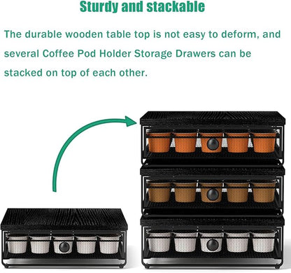 K Cup Organizer, Coffee Pod Holder Drawer, Under Brewer Storage Organizer with Sliding Drawer holds up to 35 K-Cup Pods, No Assembly Needed, Black