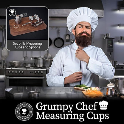 GRUMPY CHEF Stainless Steel Measuring Cups and Spoons Set with Magnetic Leveler – 13-Piece Nesting Set, Dual-Sided Magnetic Spoons, Flat Bottom Design for Stability – Rust-Resistant, Dishwasher Safe