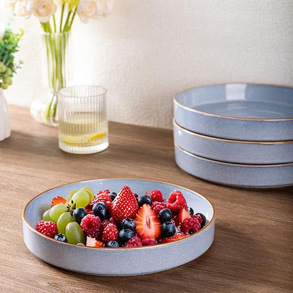 GBHOME 9'' Large Ceramic Pasta Bowls, 32oz Stoneware Pasta Serving Bowls Set of 4 for Kitchen, Wide Bowls for Fruit,Pasta,Salad,Oatmeal,Meal, Microwave Safe, Reactive Glaze-Brunnera Blue