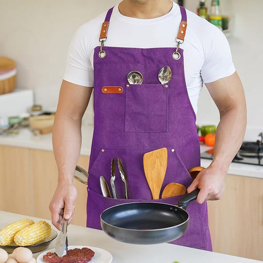 Canvas Aprons for Men Chef Apron, Work Apron with Large Pockets - 16oz Heavy Duty Cross Back, BBQ, Cooking