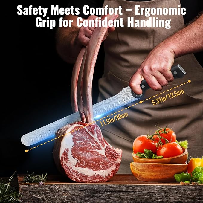 12-Inch Slicing Carving Knife with Unique Grip Ring & Non-slip Serrated Spine | Ultra-Sharp High-Carbon Stainless Steel Blade & Damascus Pattern for Brisket Meat Cutting | Pakka Wood Handle
