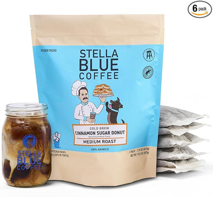 STELLA BLUE Fresh Cold Brew Coffee | Cinnamon Sugar Donut | 100% Arabica Medium Roast | Warm Cinnamon and Sweet Pastry Flavor | Cold Brew Coffee Packets | Makes 24 Pods | 6 Easy-Brew Pouches