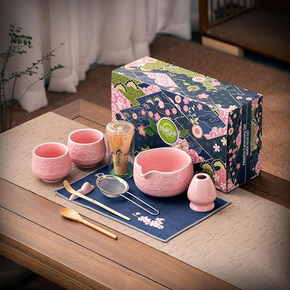 Matcha Whisk Set, 10 Pcs Matcha Set Includes Matcha Bowl, 2 Cups, Matcha Whisk and Holder, Bamboo Scoop and Spoon, Scoop Rest, Sifter and Tea Towel, Complete Matcha Kit (Pink)