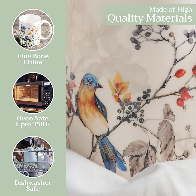 Maison d' Hermine Coffee Mug with Handles Fine Bone China Mugs Pack of One Tea Cups for Hot Beverages Cappuccino Latte Home Restaurant Office Perfect for Gift (Equinoxe - Beige Sparrows, 15 Ounce)