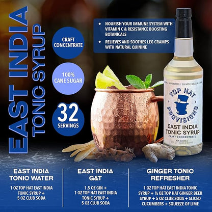 Top Hat East India Craft Concentrated Quinine Tonic Drink Syrup - 5x Natural Quinine Wellness Tonic Water Concentrate - Just Add Club Soda - 32oz bottle