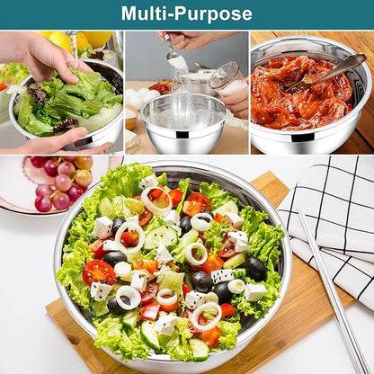 E-far Mixing Bowls with Lids, 6-Piece Stainless Steel Salad Bowls Metal Nesting Bowls for Baking Cooking and Prepping, Airtight Lids & Stackable Design, Size 4.5, 3, 1.5 QT (Blue)