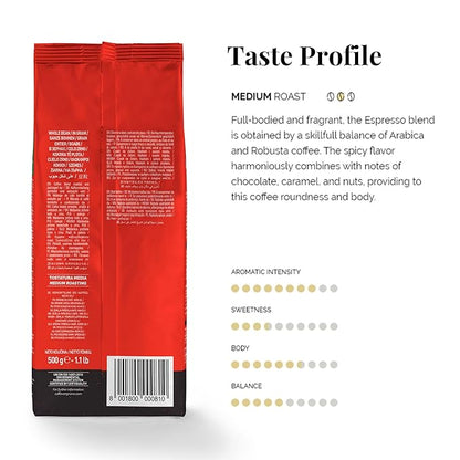 Caffe Vergnano 1882 Espresso Whole Bean Arabica Roast Coffee, 1.1 lb bag - Italian Medium Roast Coffee Beans with notes of Chocolate, Nuts & Caramel, Intensity 7/10-500g Bag (6 Pack)