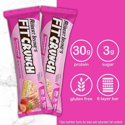 FITCRUNCH Full Size Protein Bars, 6-Layer Baked Bar, 3g of Sugar, Gluten Free & Soft Cake Core (12 Bars, Strawberry Strudel)