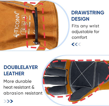 TICONN Welding Gloves, 1000°F Heat-Resistant Fireproof Leather Gloves for Welders, Stick, Forge, Mig, Tig, BBQ, Baking, Oven