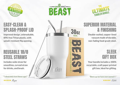 Beast 30 oz Tumbler Stainless Steel Vacuum Insulated Coffee Ice Cup Double Wall Travel Flask (Arctic White)