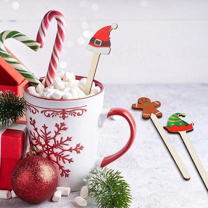 Jinei 120 Pcs Christmas Wooden Coffee Stirrers Wood Cocktail Coffee Stir Sticks Disposable Drink Stirrers for Stirring Hot Chocolate Milkshake Restaurant Home Office(Novel Style)