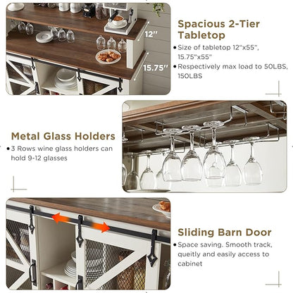 OKD Farmhouse Coffee Bar Cabinet with LED Lights, 55" Wine Bar Cabinet w/Sliding Barn Door & Wine and Glass Rack, Kitchen Buffet Cabinet w/Storage Shelves for Dining Room,Antique White