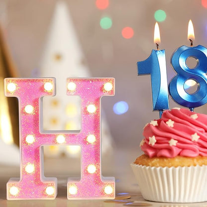 Foaky Pink Light up Letters，Pink Party Decorations,Girls Room Decor,Glitter Light Up Letters,Alphabet Letter Sign for Night Light Birthday Party Girls Gifts, Home Bar Decoration（H）