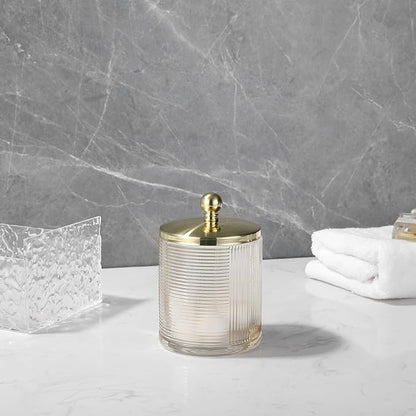 Glass Jar with Metal Lid for Bathroom Organization, Clear Apothecary Jar for Cotton Balls, Q Tips, and Small Accessories, Stylish Bathroom Storage Container Tan, Gold