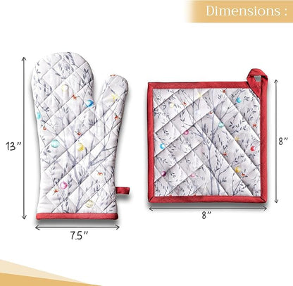 Maison d' Hermine 100% Cotton Oven Mitt & Pot Holder Set (7.5"x13" & 8"x8") Heat Resistant BBQ Cooking Gloves with Loop, Baking, Grilling, Kitchen, Handling Hot Pans (Fairy Christmas)