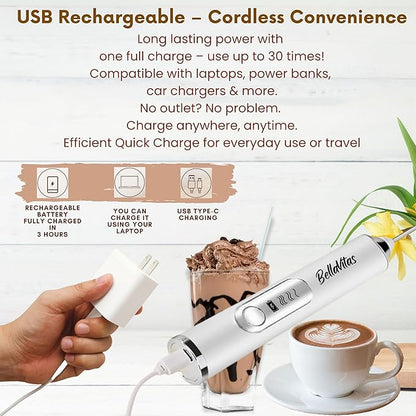 Milk Frother Handheld Rechargeable 3-Speed Electric Frother Wand Whisk Foam Maker Drink Mixer with Stand, 2 Whisks, Spice Shaker, Art Stencils, Art Pen for Coffee Latte, Cappuccino, White
