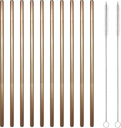 10 Pcs Stainless Steel Straws, Reusable Drinking Straws, Straight Metal Straw Sets with 2 Pcs Cleaning Brushes (10.5 Inch, Rose Gold)