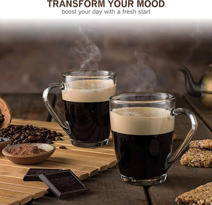 Bormioli Rocco Glass Coffee Mug Set, (6 Pack) 10¾ Ounce with Convenient Handle, Tea Glasses for Hot/Cold Beverages, Thermal Shock Resistant, Tempered Glass, for Cappuccino, Latte, Espresso, clear.