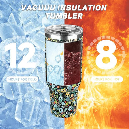 40 oz Tumbler with Lids and Straws, Stainless Steel Insulated Coffee Tumbler, Double Wall Vacuum Insulated Travel Mug Cup, Leakproof Thermal Coffee Cup for Hot and Cold Drinks (Blue Flower)