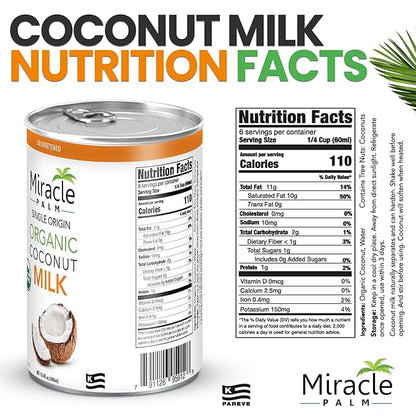 Miracle Palm Coconut Milk Unsweetened - Coconut Milk Canned, Additive Free Organic 13.5 Fl Oz (Pack of 6)