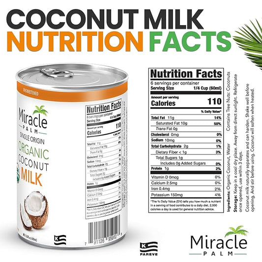 Miracle Palm Coconut Milk Unsweetened - Coconut Milk Canned, Additive Free Organic 13.5 Fl Oz (Pack of 12)