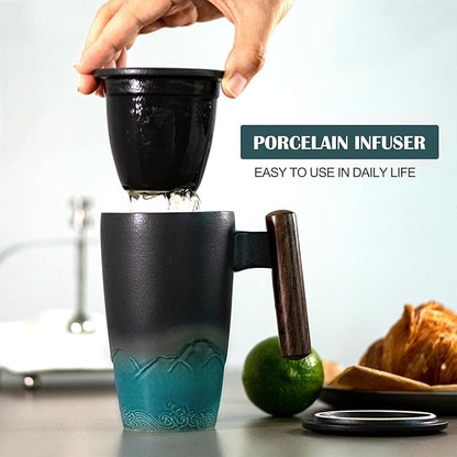 suyika Ceramic Tea Cup with Infuser and Lid Tea Mugs Wooden Handle 400ml/13.5oz Dark Green