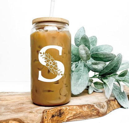 Personalized Gifts for Women, Monogrammed Glass Cups with Lids and Straws, Custom Tumbler, Cute Customized Mug, Aesthetic Stuff, Initial Iced Coffee Cup, Drinking Glasses, Birthday Teacher Gifts, J