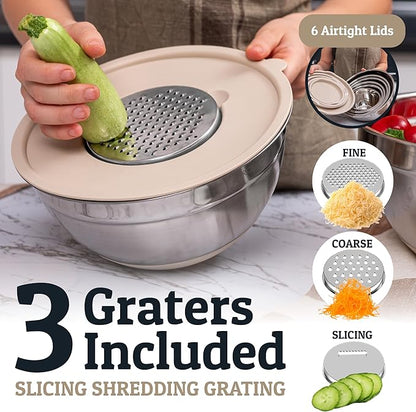 Priority Chef 6Pc Large Mixing Bowls With Lids Set with Non-Slip Bases, Stainless Steel Mixing Bowl Set, 6 Airtight Lids and 3 Graters, Khaki