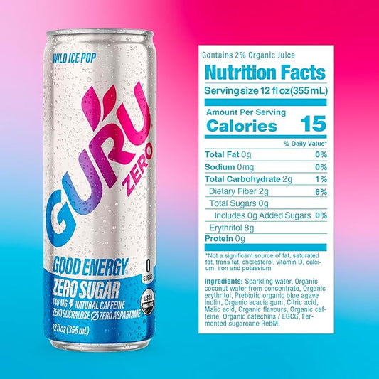 GURU ZERO SUGAR Wild Ice Pop Organic Energy Drinks, Clean Energy Drink with Plant Based Natural Caffeine from Green Tea, Coconut Water, Prebiotic, Zero Added sugars, Gluten Free and Vegan, Pre Workout, Healthy Drinks, 12oz (Pack of 24)