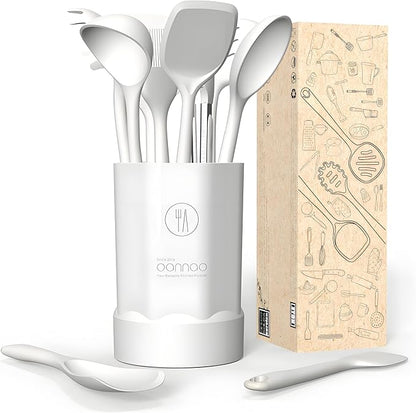 Thickened Silicone Kitchen Utensils Set, 600°F Heat Resistant Silicone Cooking Utensils, Spatula, Spoon, Whisk, Tongs, Kitchen Gadgets for Nonstick Cookware, Dishwasher Safe BPA Free (Cream White)