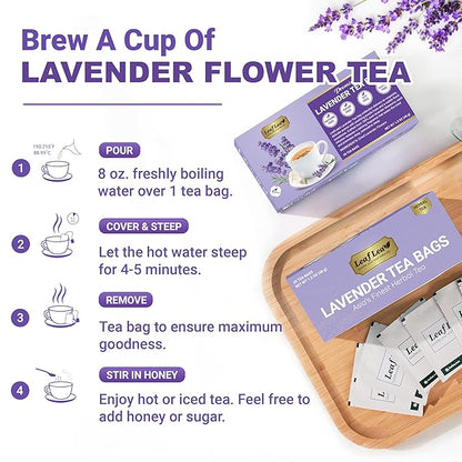 LeafLea 80 Premium Lavender Tea Bags, 100% Natural & Pure from Lavender Flowers, Nighttime Comfort & Digestive Support, Floral Aroma and Smooth Taste, Caffeine-Free, Sugar-Free, Individually Wrapped