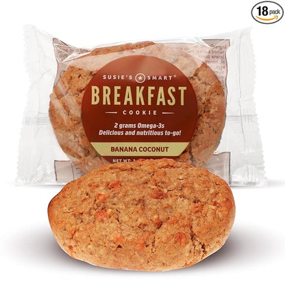 Susie's Smart Breakfast Cookie Healthy Omega-3s and Protein rich Soft Chewy Home-baked Cookie, Coconut/Banana, 3.57 Ounce (Pack of 18), 64.26 Ounce