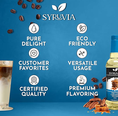 Syruvia Sugar Free Coffee Syrup, Caramel Pecan Flavored Syrup for Drinks, Lattes, and Desserts – 25.4 fl oz, With Pump