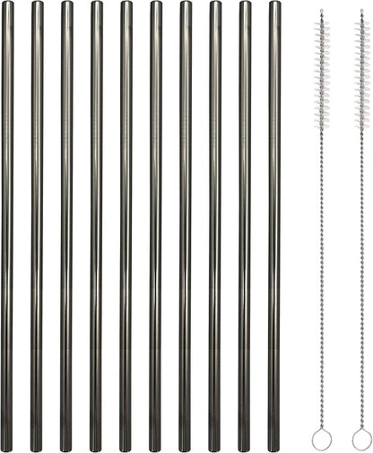 10 Pcs Stainless Steel Straws, Reusable Drinking Straws, Straight Metal Straw Sets with 2 Pcs Cleaning Brushes (10.5 Inch, Black)