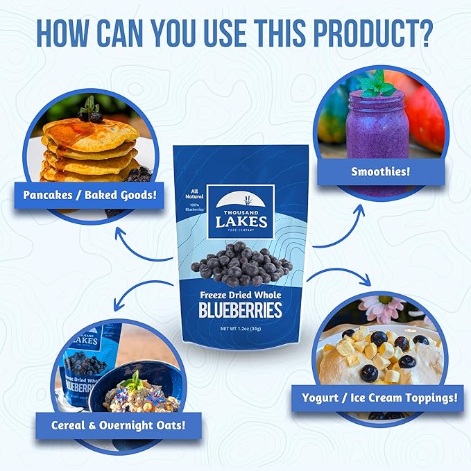 Thousand Lakes Freeze Dried Fruit - Blueberries 4-pack 1.2 ounces (4.8 ounces total) | No Sugar Added | 100% Whole Blueberries
