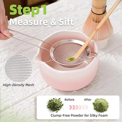 Pink Matcha Whisk Set, 6 Pcs Matcha Kit Includes Pink Matcha Bowl with Spout, Macha Whisk & Holder, Tea Scoop, Stainless Sifter, Cat Scoop Rest, Unique Macha Gifts for Women, Friend, Birthday