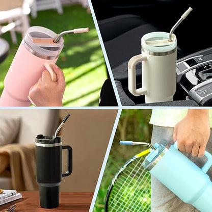 Reusable Stainless Steel Straws with Silicone Tip for Stanley 30oz, Metal Drinking Straws for 30oz Tumbler,3 Bent Tubes & 6 Tips& 1 Cleanr Brush (Rose Quartz)