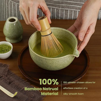 Matcha Whisk Set, Handcrafted Bamboo Chasen & Ceramic Bowl Matcha Kit, Complete 5 Pcs Matcha Set Whisk and Bowl W/Stainless Steel Sifter, Bamboo Scoop & Holder for Matcha Tea Ceremony (Mottled Green)